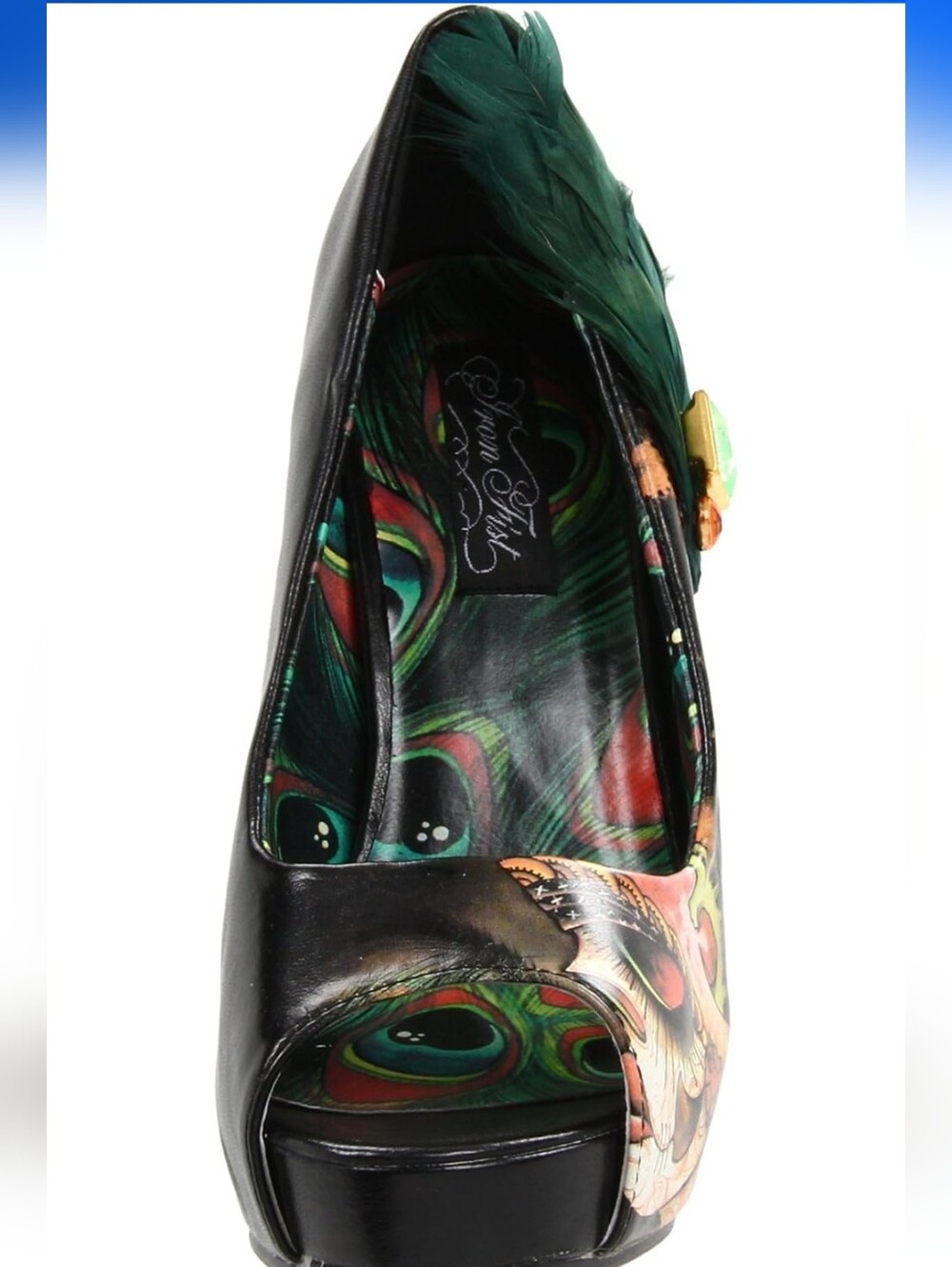 Iron Fist Vanity Fair Sugar Skull Feather Platform Heels Peep Toe Black Size 8 - Picture 4 of 16